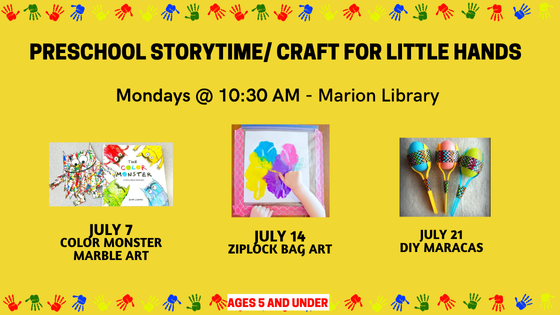 July 2025 Preschool Storytime_ CRAFT FOR LITTLE HANDS Carousel-Marion